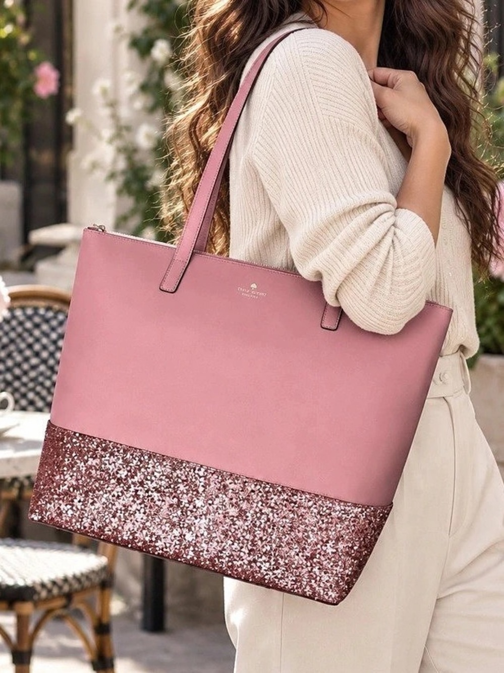 Kate Spade- Dusty Pink Greta Court Penny Glitter Large Tote